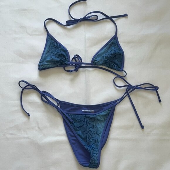 Pacsun Swim Blue Snakeskin Corinne Triangle Bikini Top + Bottom - Picture 4 of 6